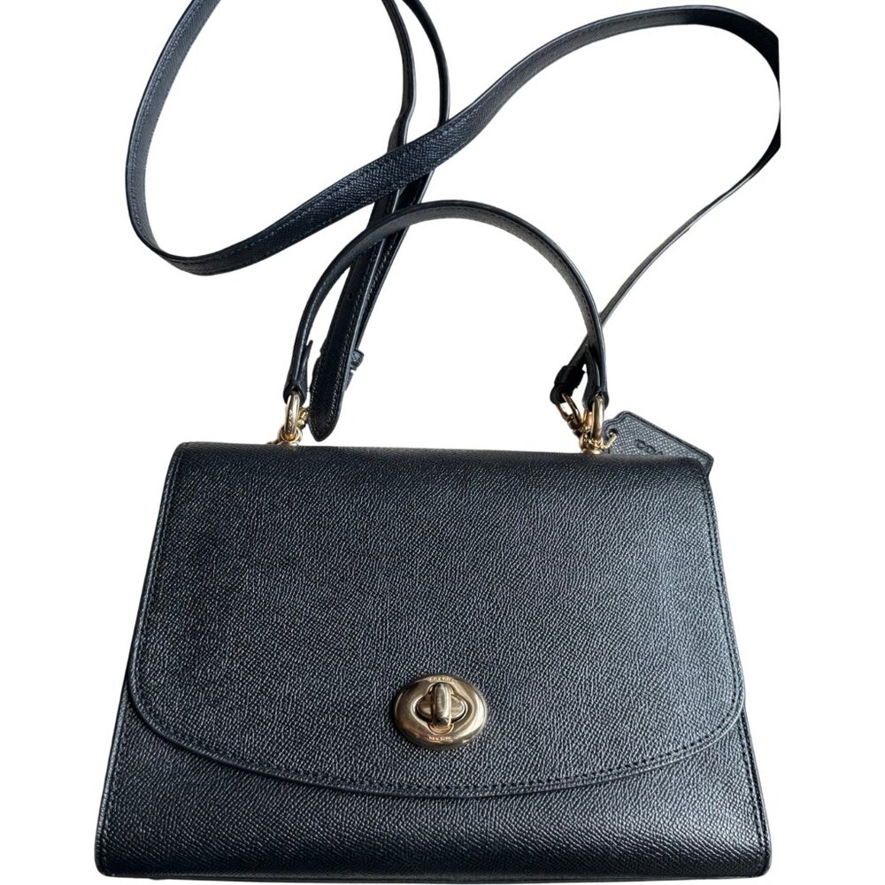 COACH Tilly Crossbody Top Handle Twist Lock Black Gold Leather Bag COACH F76618